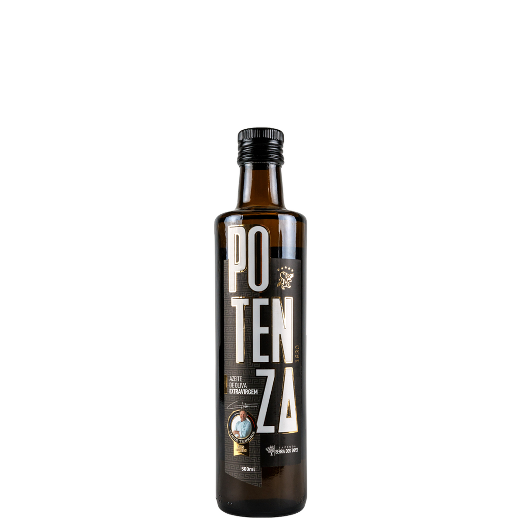 Garrafa de vidro escuro com rótulo moderno em preto e detalhes vermelhos do Azeite Potenza Blend Intenso.