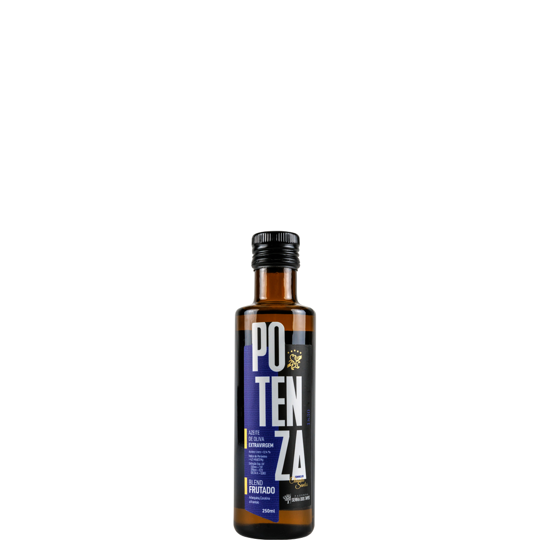 Garrafa de vidro escuro com rótulo moderno em preto e detalhes azuis do Azeite Potenza Blend Frutado.
