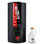 Embalagem cilíndrica preta fosca de 5 litros com torneira dosadora do Azeite Potenza, ao lado de uma sofisticada azeiteira branca com tampa para refil.