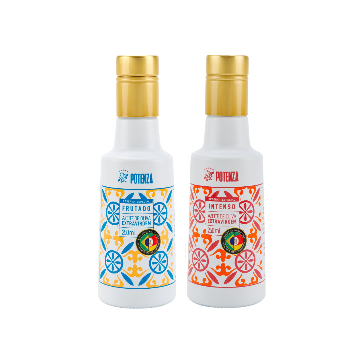 Duas garrafas brancas de 250ml com tampas douradas do Azeite Potenza Reserva Especial. À esquerda, a versão Frutado com rótulo em mosaico azul e amarelo; à direita, a versão Intenso com mosaico vermelho e laranja.