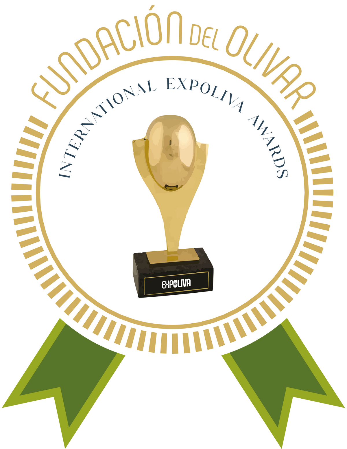 Selo com troféu dourado e fitas verdes do prêmio International Expoliva Awards conquistado pela excelência do Azeite Potenza Blend Frutado.